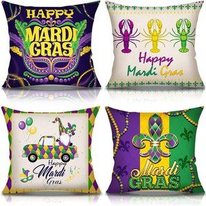 NWOT Mardi Gras Pillow Covers 18x18 Set of 4 Happy Mardi Gras